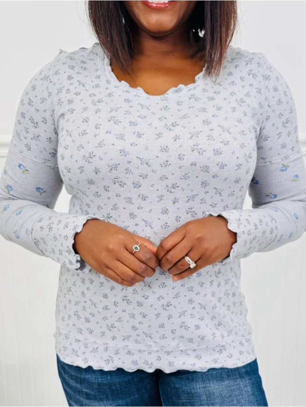 Light Blue Floral Long-Sleeve Ribbed Top